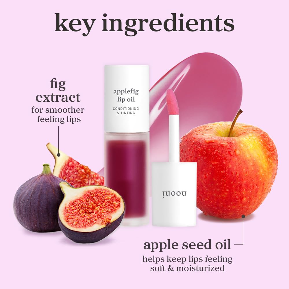 NOONI Applefig Lip Oil packaging close-up showing compact travel design