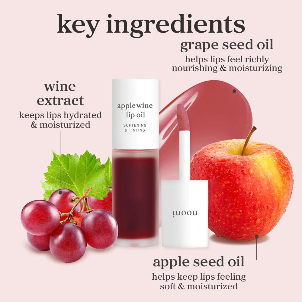 NOONI Applewine lip oil ingredients highlight apple seed oil and grape fruit extract