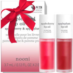 Nooni lip oil set Applecherry bottle close-up, silky hydration and hint of color