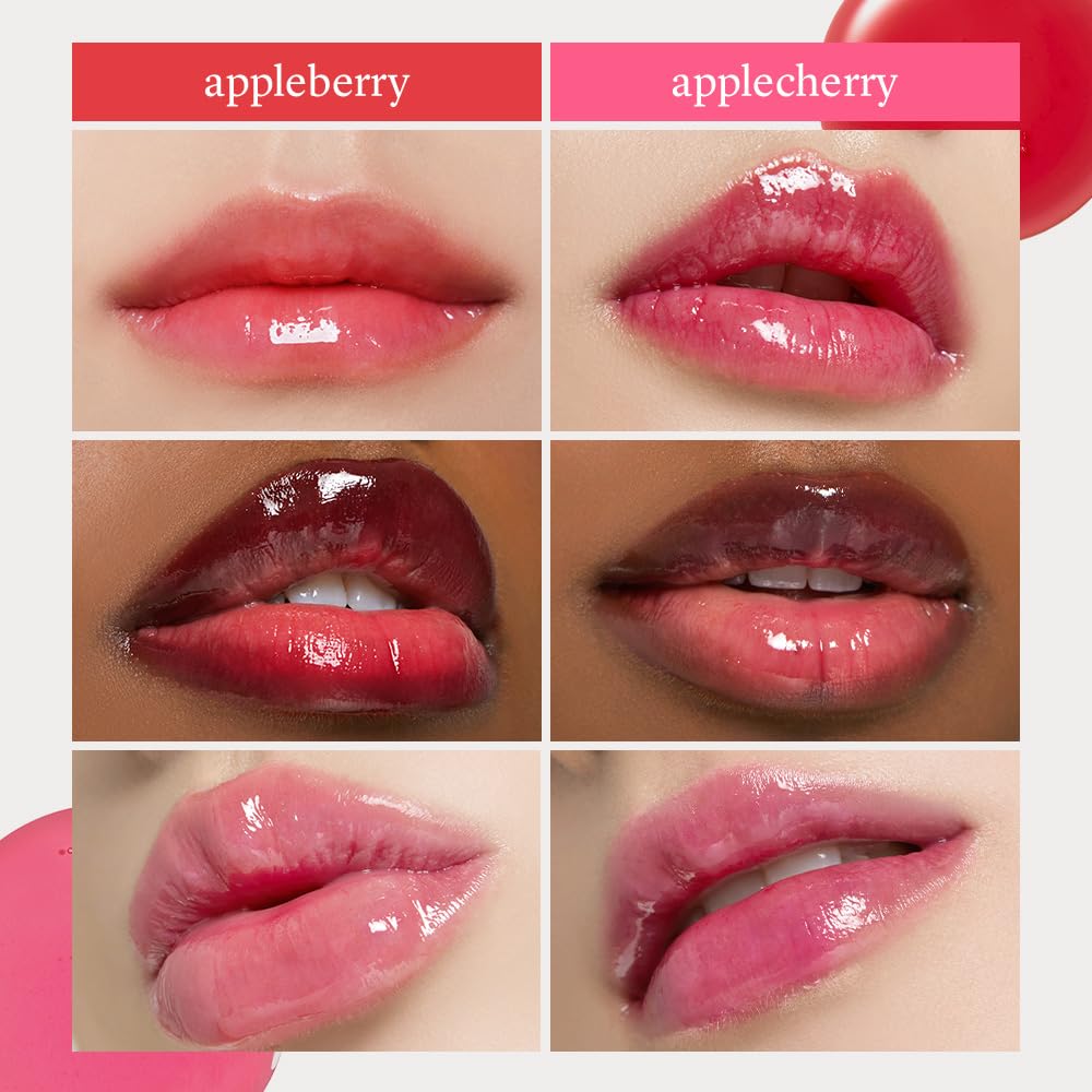 NOONI lip oil Applecherry bottle provides a plump-looking, hydrated pout.