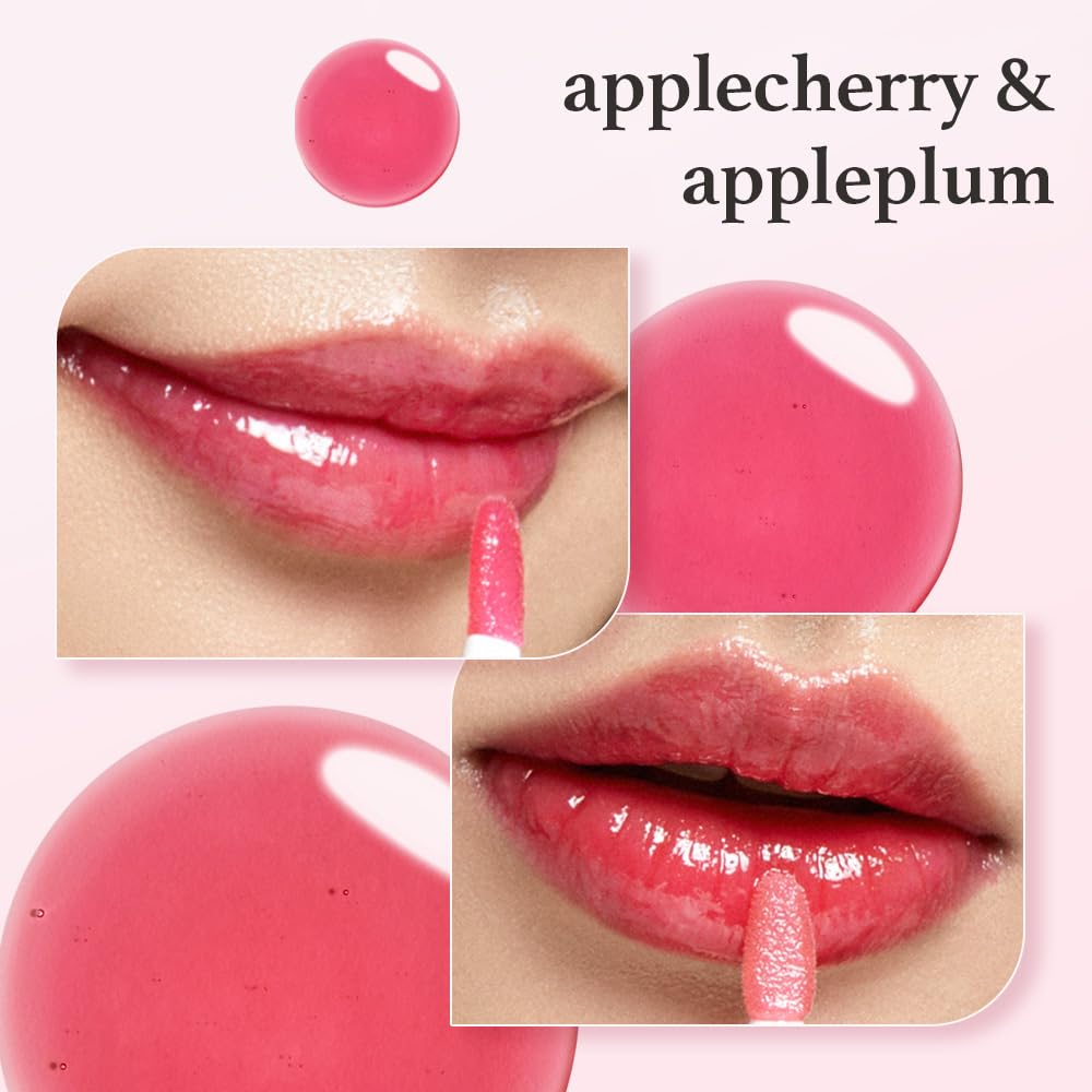 Nooni lip oil set Appleplum bottle close-up, plump-looking lips with natural tint