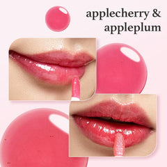 Nooni lip oil set Appleplum bottle close-up, plump-looking lips with natural tint