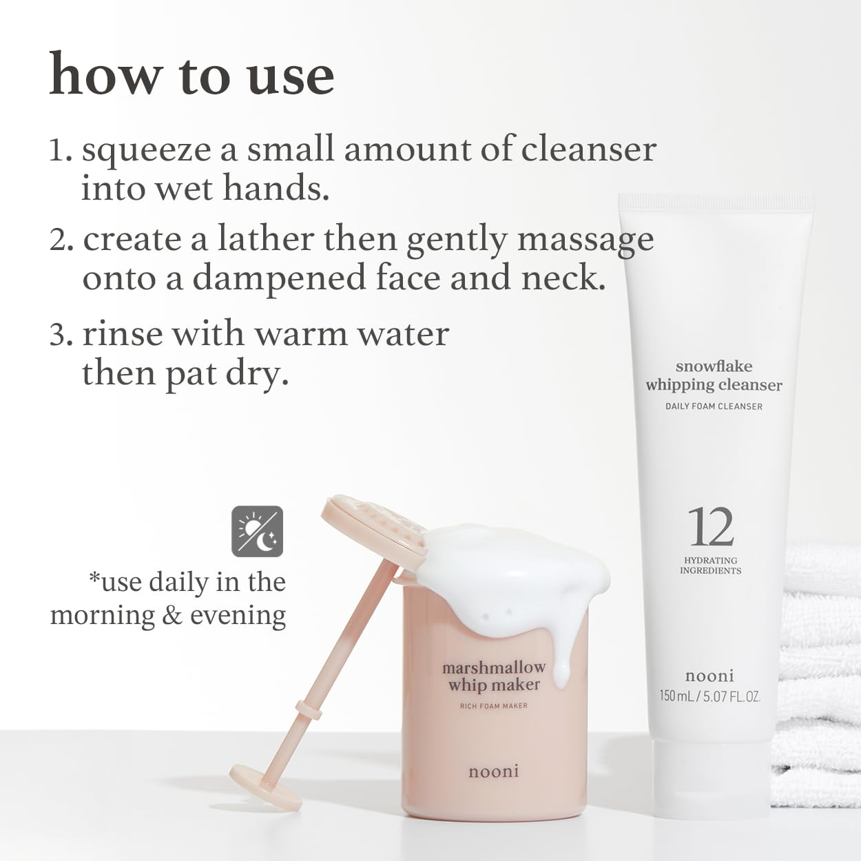 NOONI Snowflake cleansing mousse morning routine image suggests refreshing cleanse