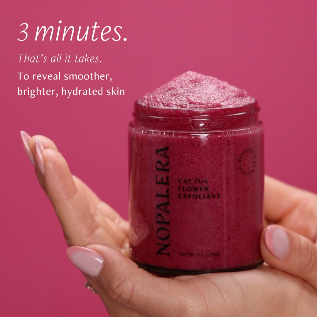 Nopalera Hibiscus Cactus Flower Exfoliant applied in hand demonstrates cleansing and hydration