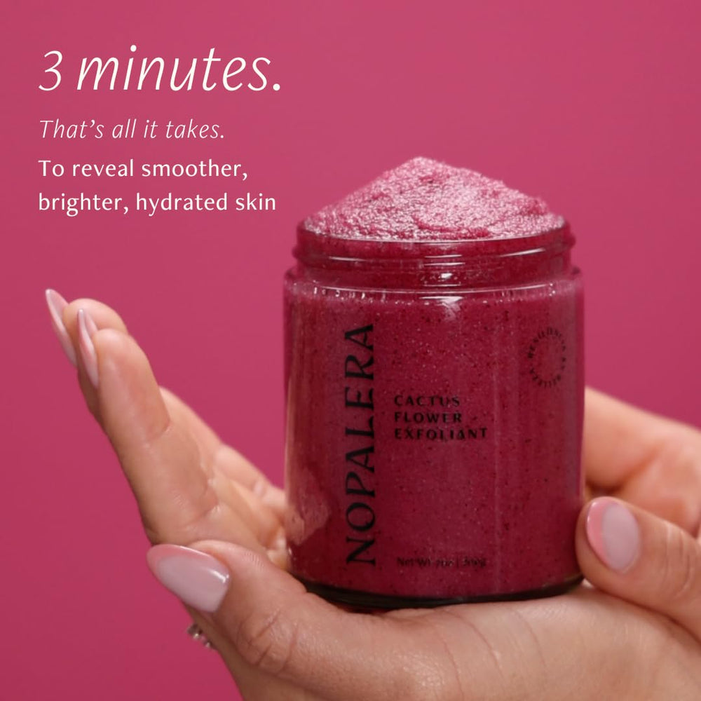 Nopalera Hibiscus Cactus Flower Exfoliant applied in hand demonstrates cleansing and hydration