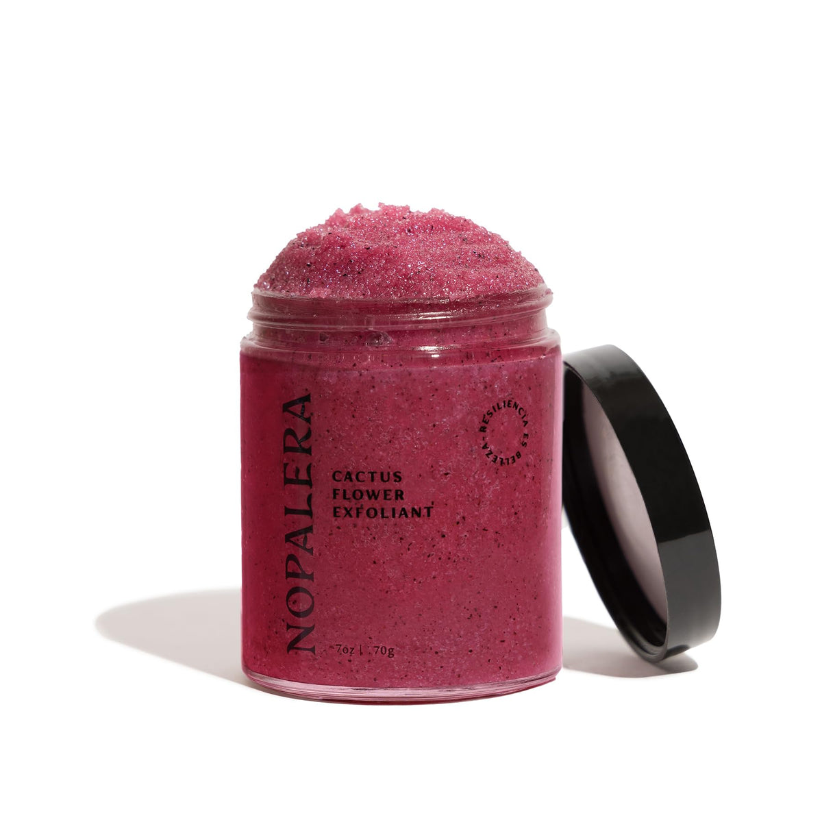 Nopalera Hibiscus Cactus Flower Exfoliant jar shows daily exfoliation with a compact 6 oz size