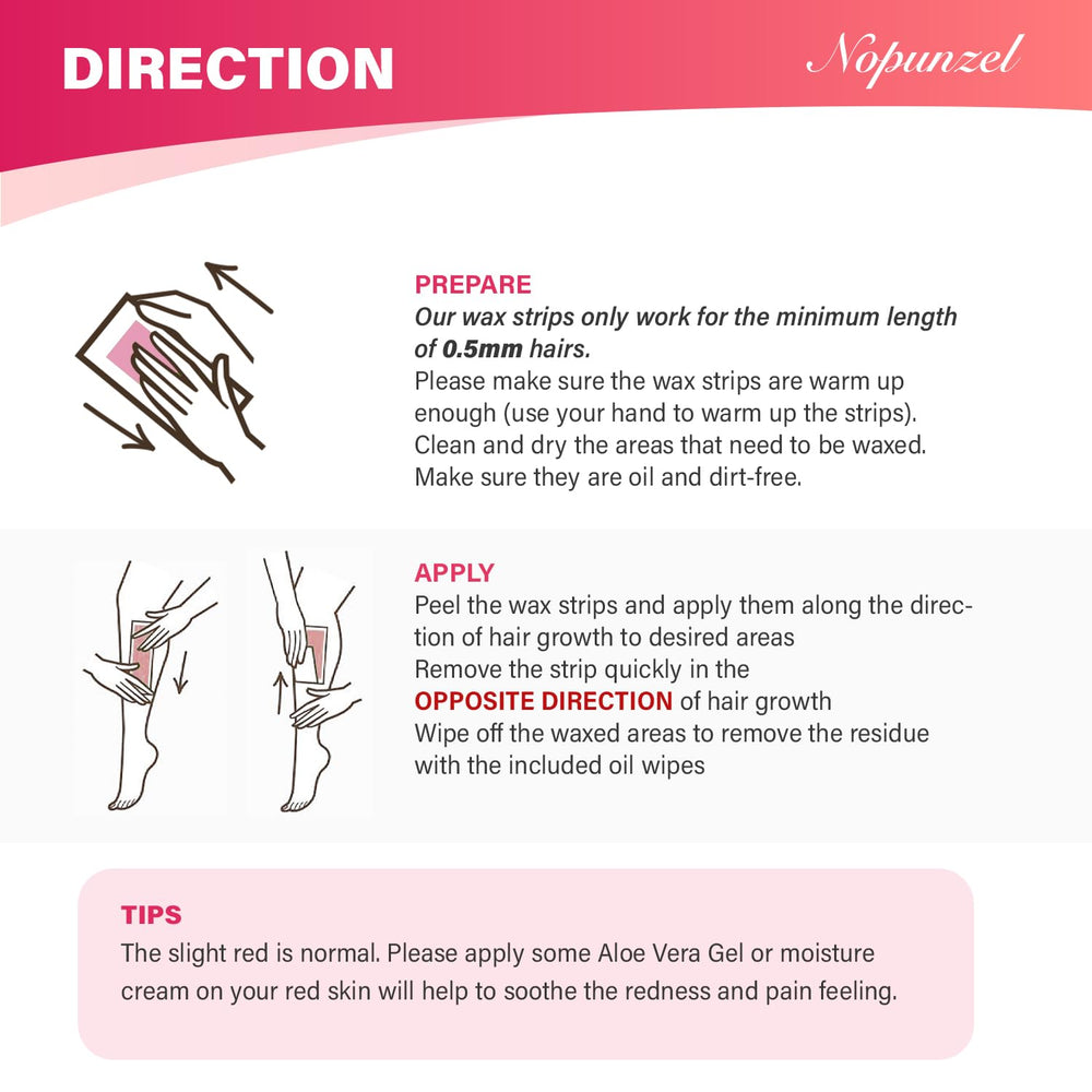 NOPUNZEL wax strips work well on legs, arms, chest, bikini, and more