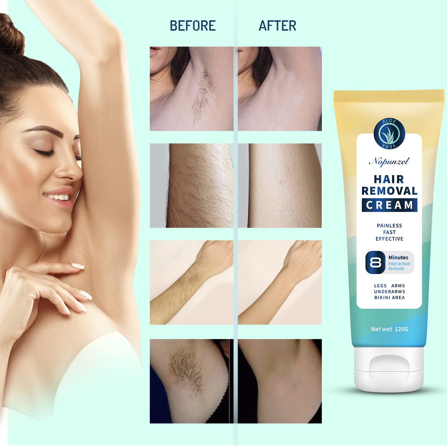 NOPUNZEL Hair Removal Cream body-legs-arms illustrates potential for full-body smoothness.