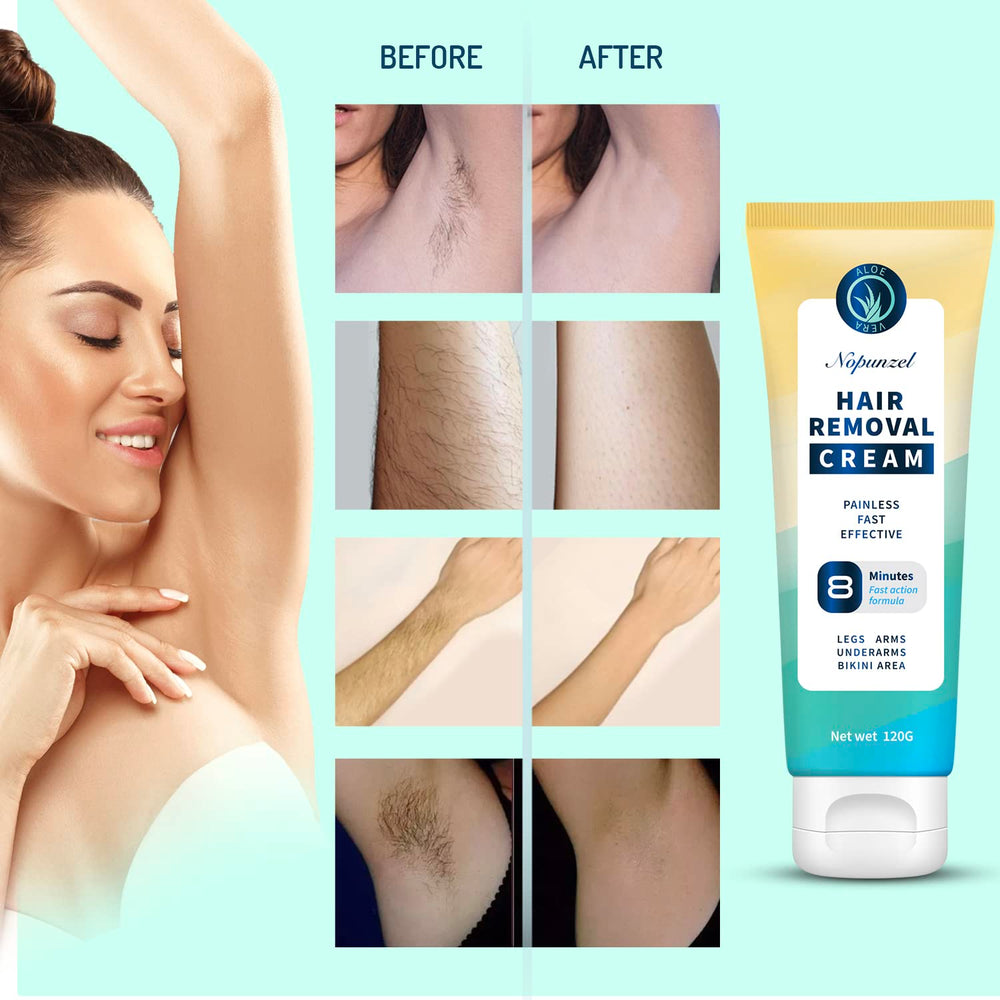 NOPUNZEL Hair Removal Cream body-legs-arms illustrates potential for full-body smoothness.