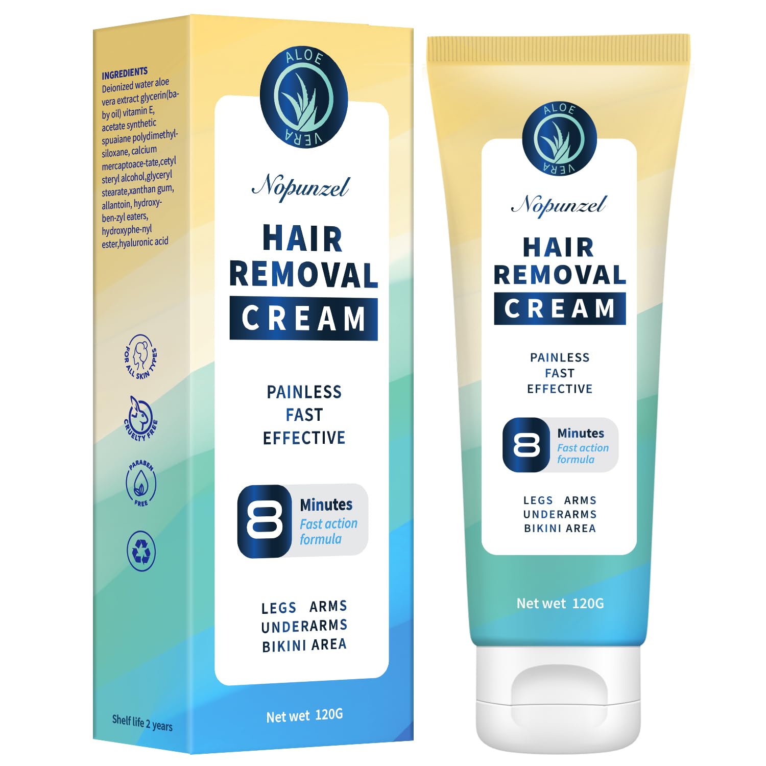 NOPUNZEL Hair Removal Cream tube closeup showing creamy texture for sensitive skin.