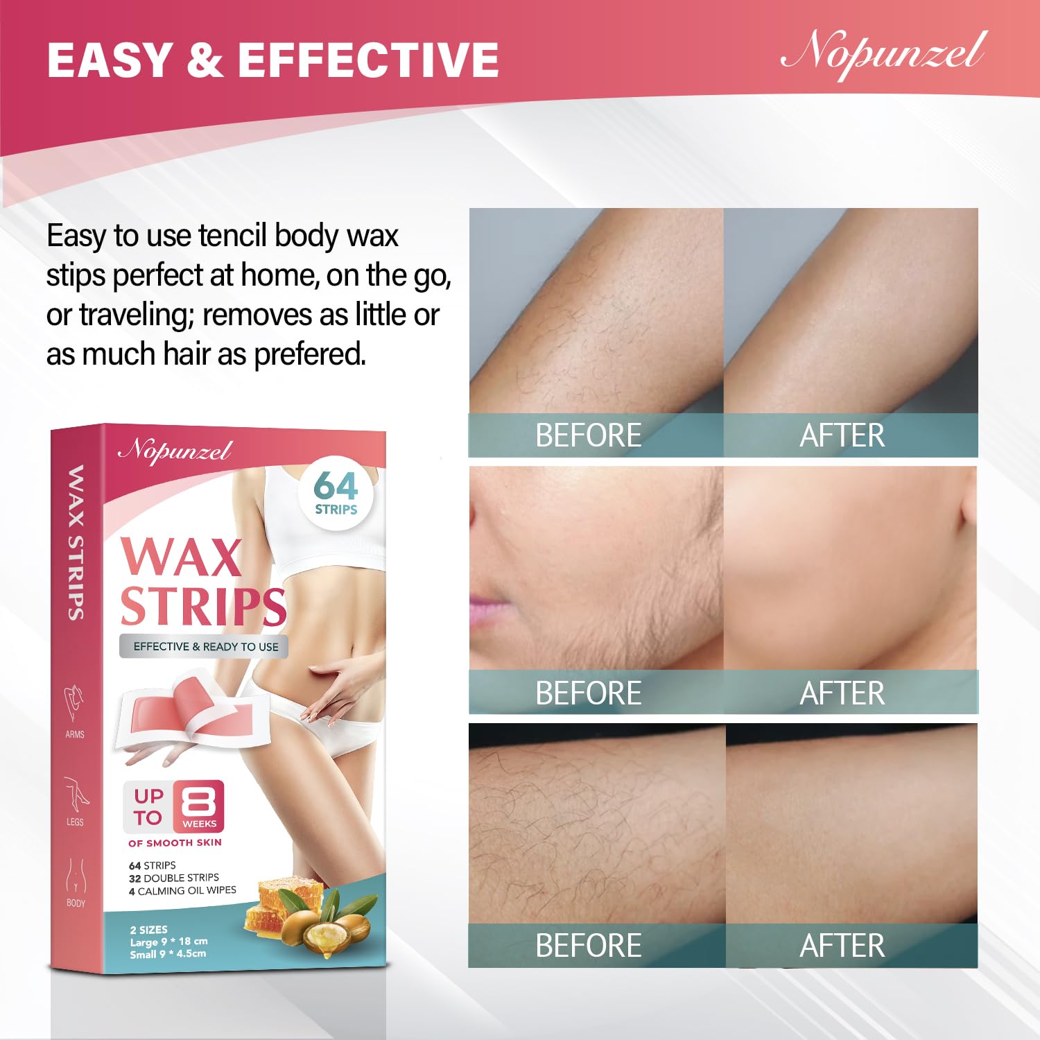 NOPUNZEL wax strips four-point-five-by-nine fit various areas for versatile waxing