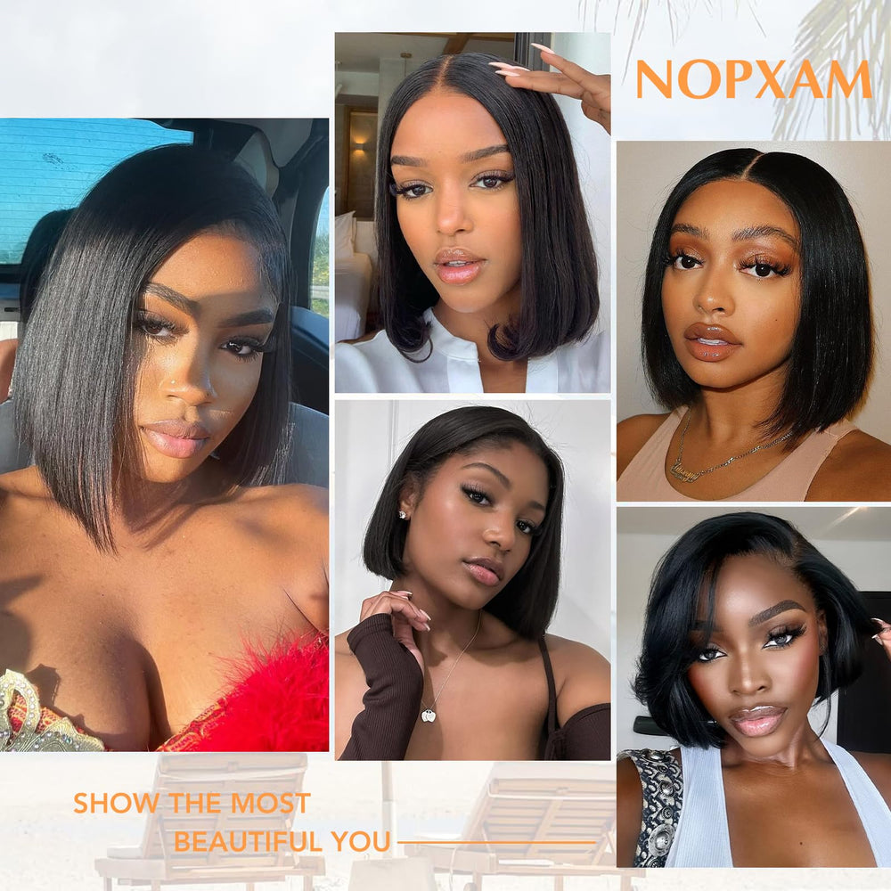 Nopxam Bob Wig 12-inch natural color cap demonstrates glueless comfort and secure fit.