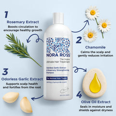 Nora Ross Garlic Extract Shampoo with rosemary aroma suggests refreshing frizz-friendly wash