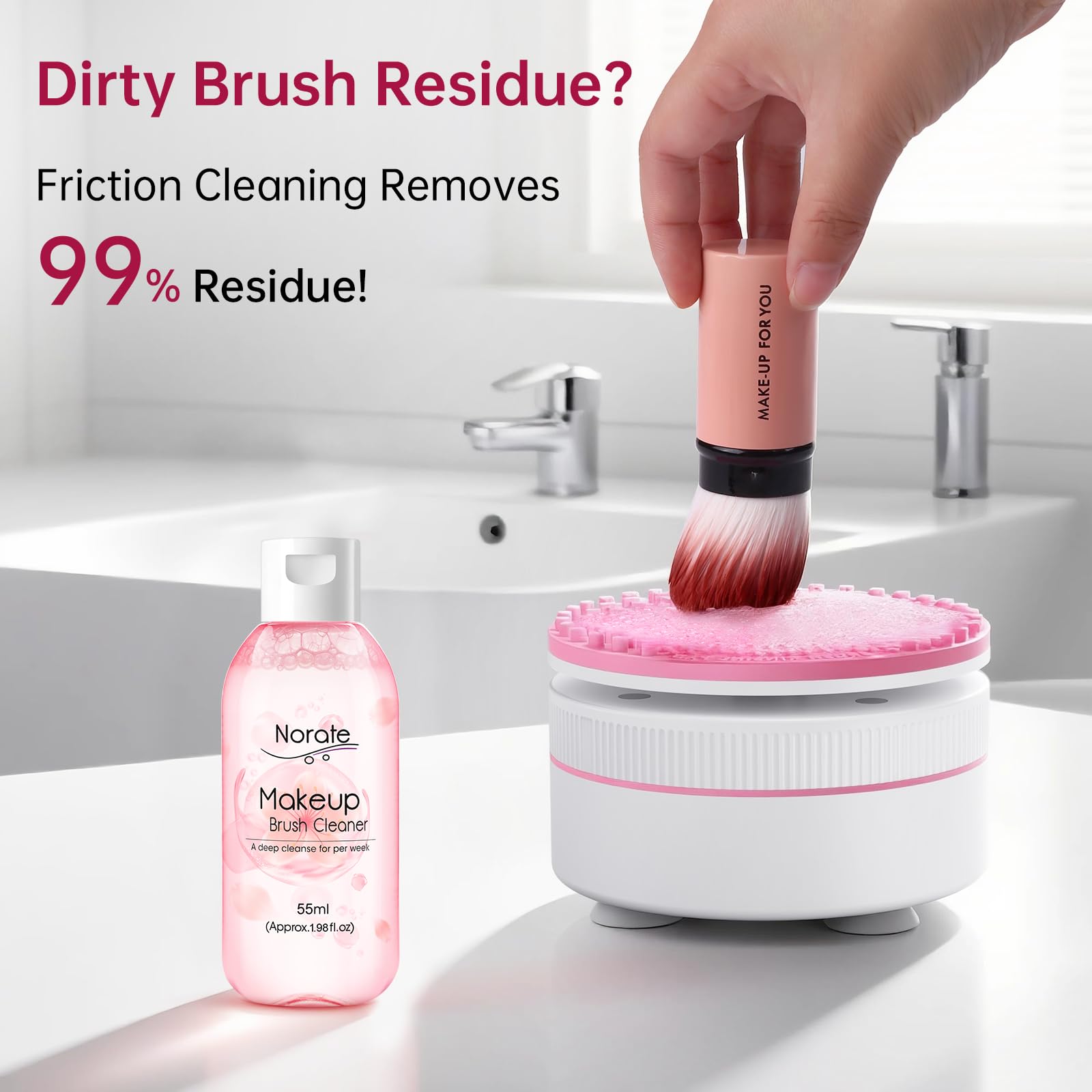 Norate makeup brush cleaner in-sink use for neat, mess-free cleaning.