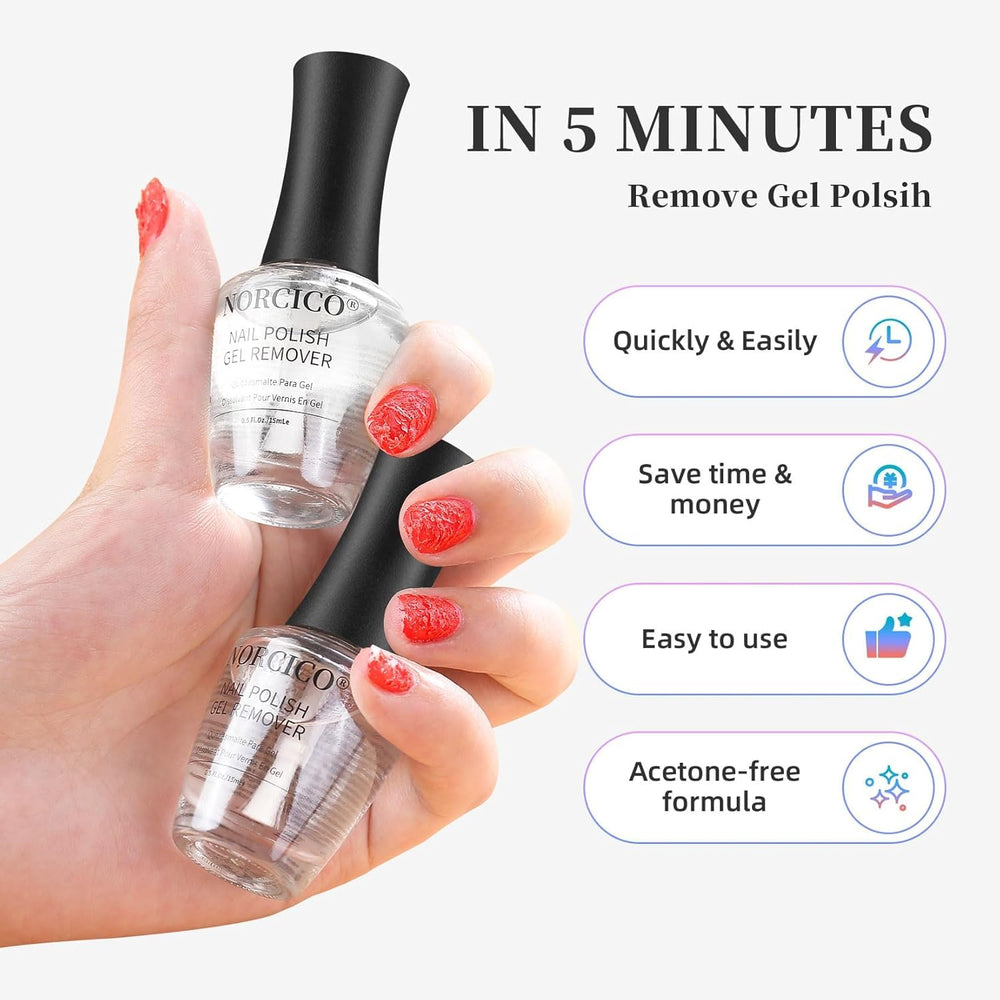 NORCICO bottle close-up shows acetone-free, nail-friendly formula
