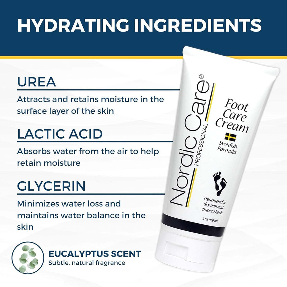 Nordic Care Foot Care Cream highlights urea and glycerin for moisturized skin.