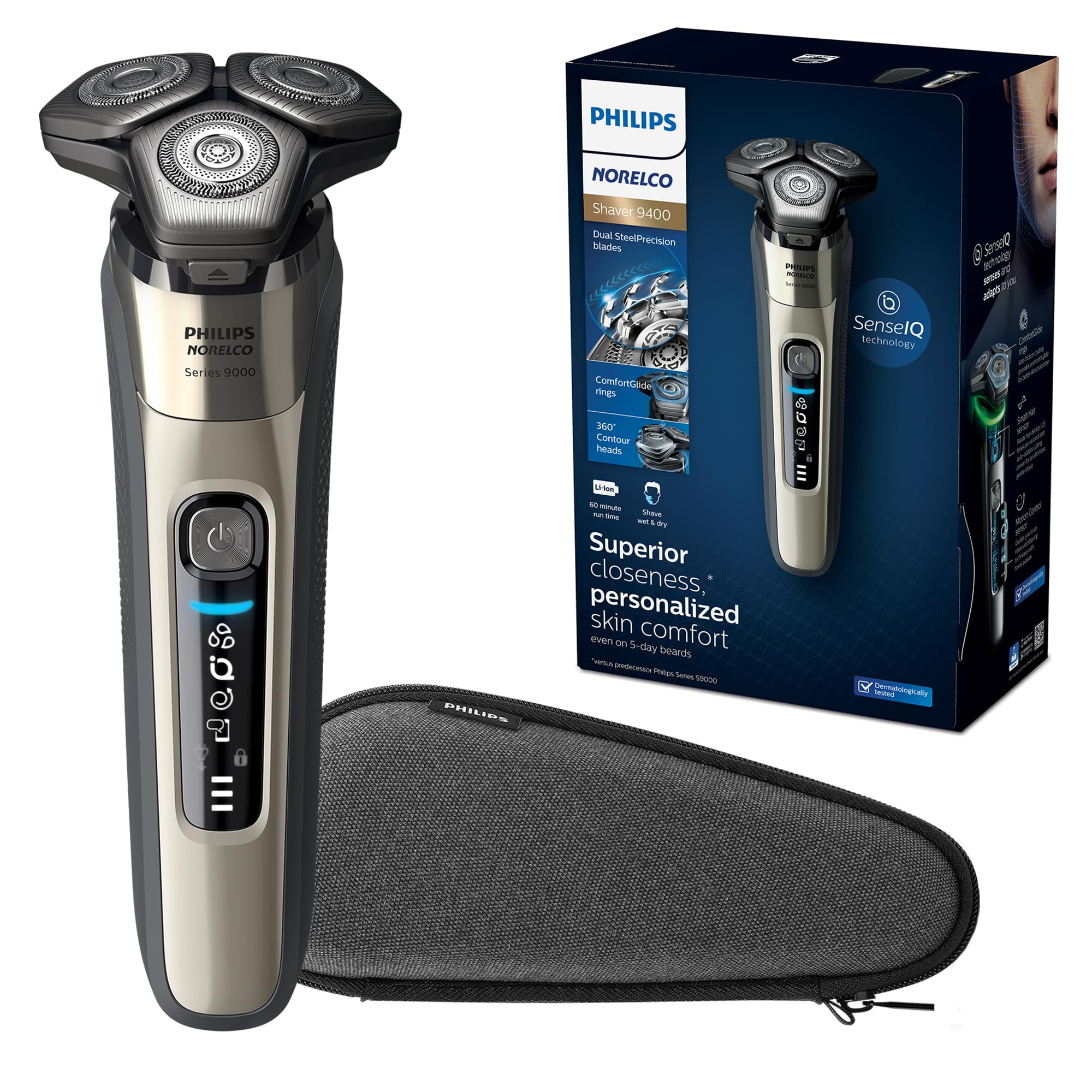 Norelco 9400 closeup of dual blades delivers precise closeness for a smooth shave.