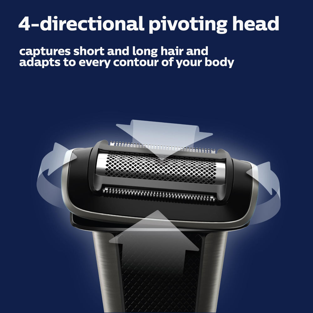 Norelco Bodygroom 7000 ergonomic rubber grip enhances control during grooming.