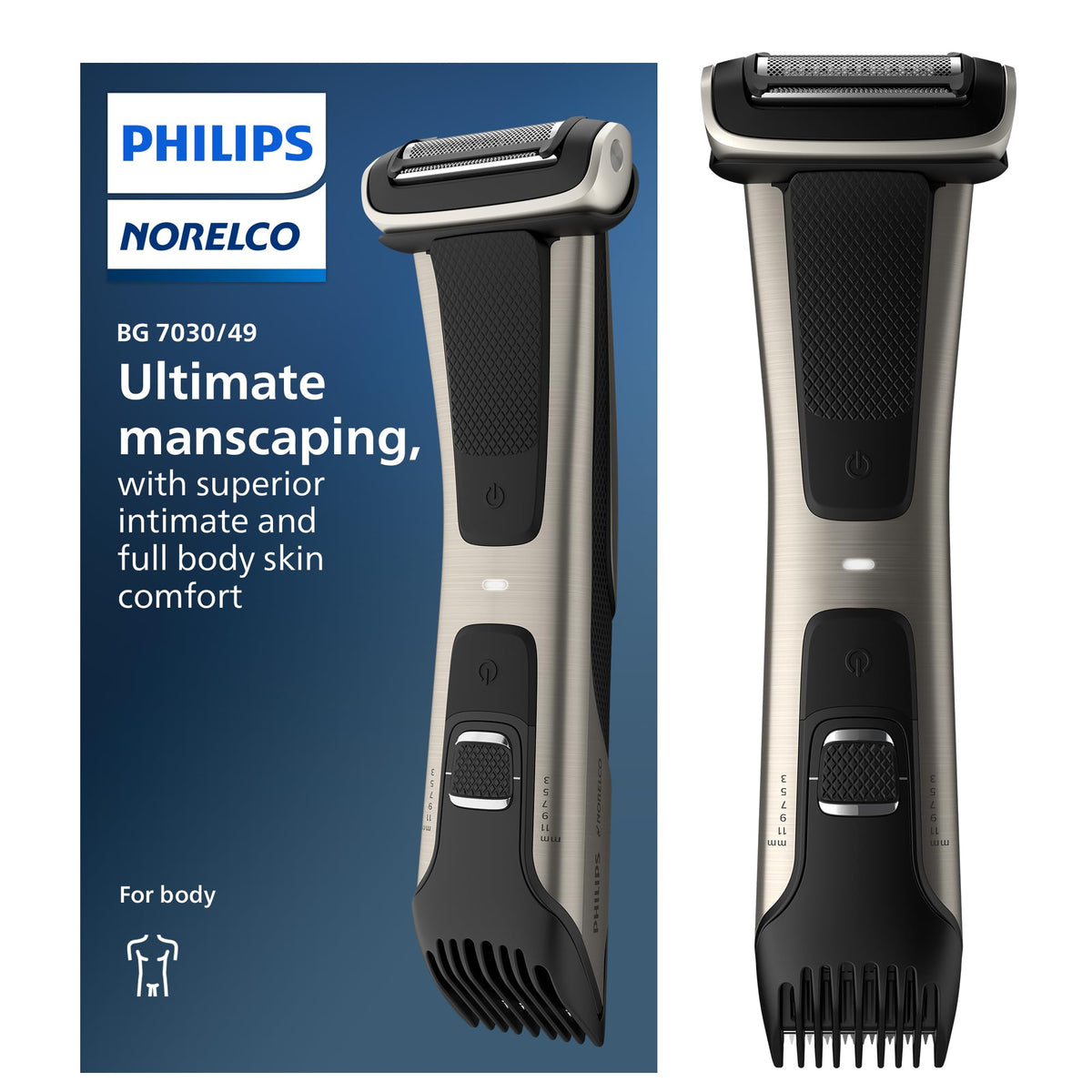 Norelco Bodygroom 7000 Series handle with ergonomic grip for precise grooming.