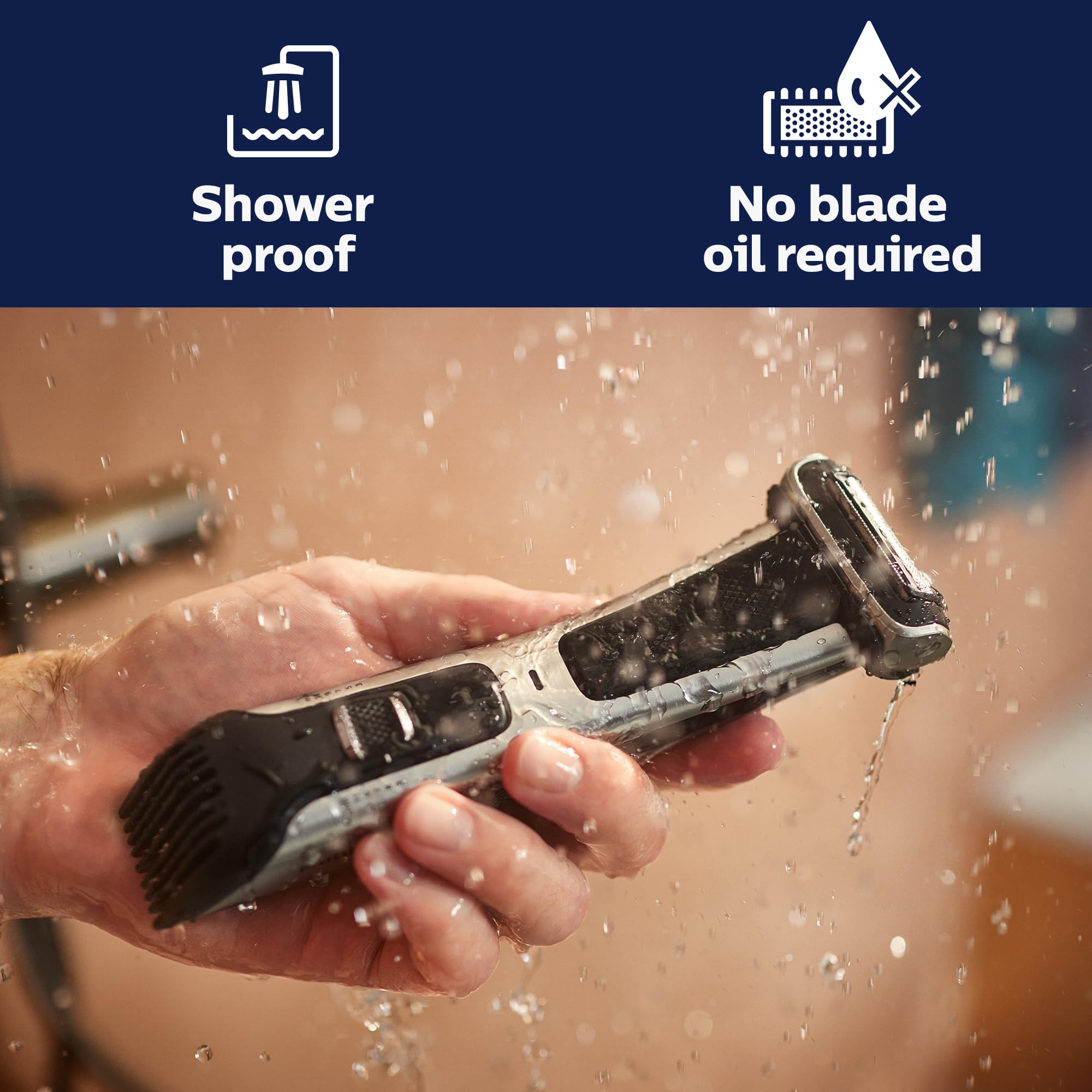 Norelco Bodygroom 7000 is waterproof for use in wet or shower conditions.