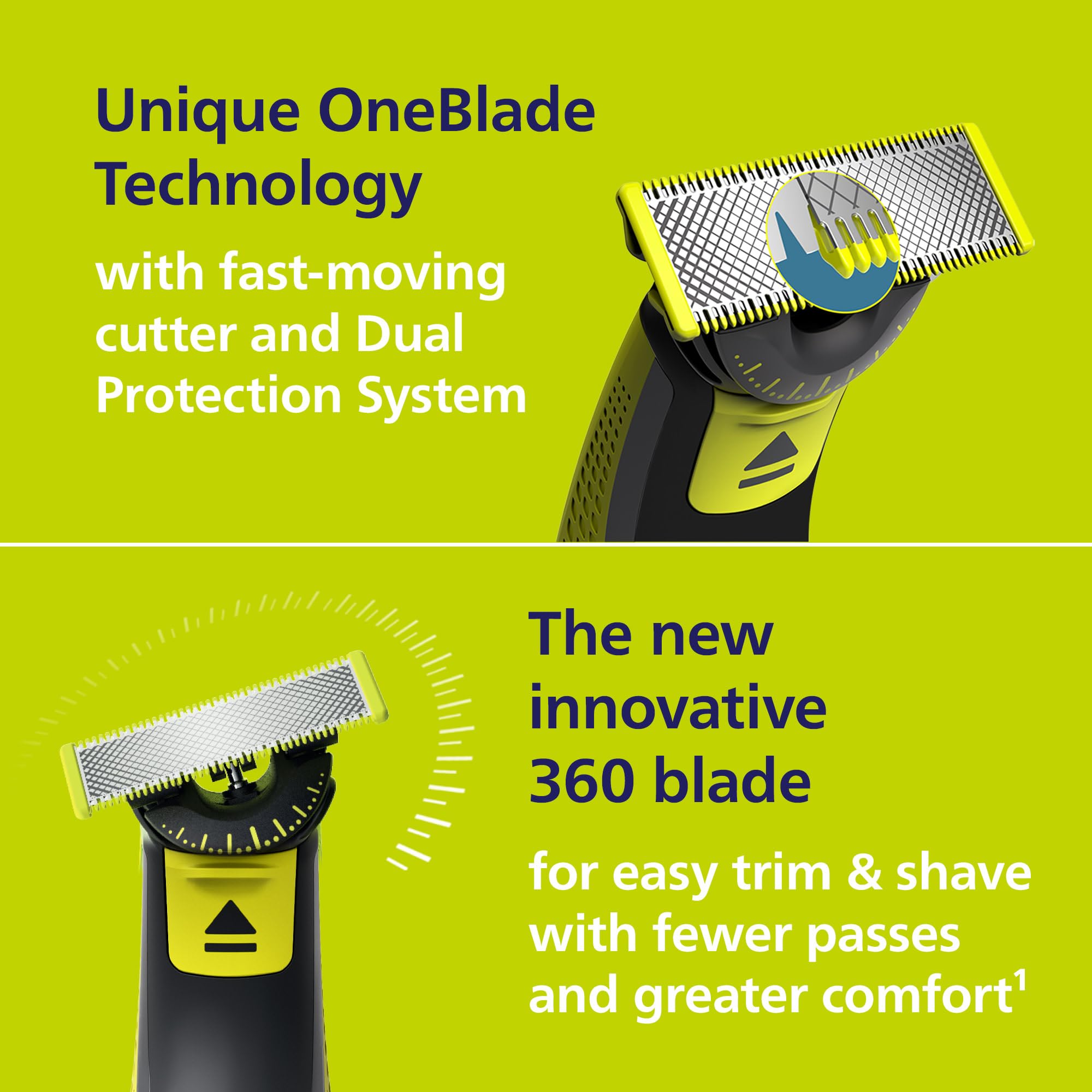Norelco OneBlade 360 5in1 comb highlights versatile trimming from 1–5 mm.