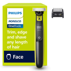 Norelco OneBlade 360 face blade close-up showing precise edging for sharp facial lines.