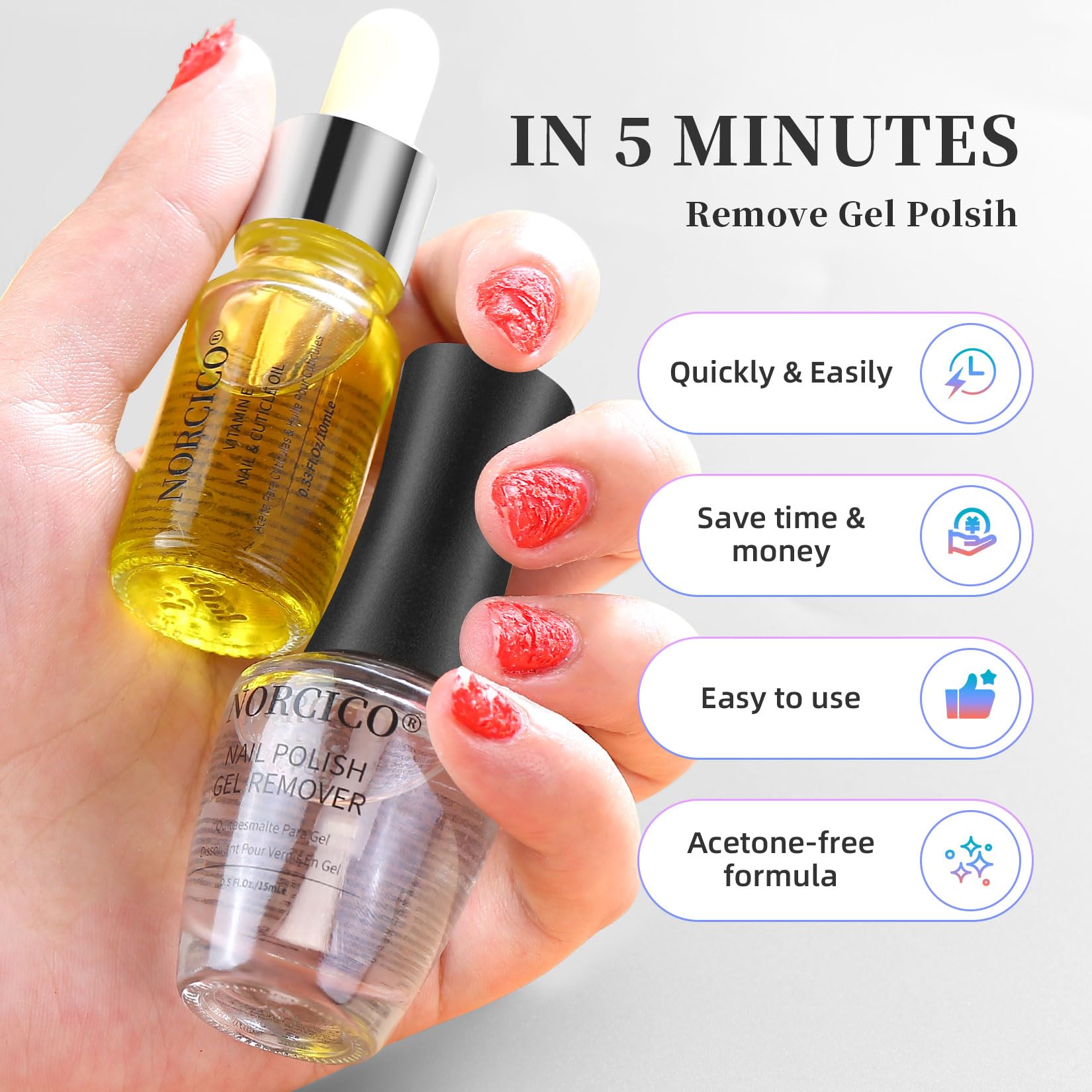 NORCICO cuticle-oil-10ml-bottle nourishes nails during removal and post-care.