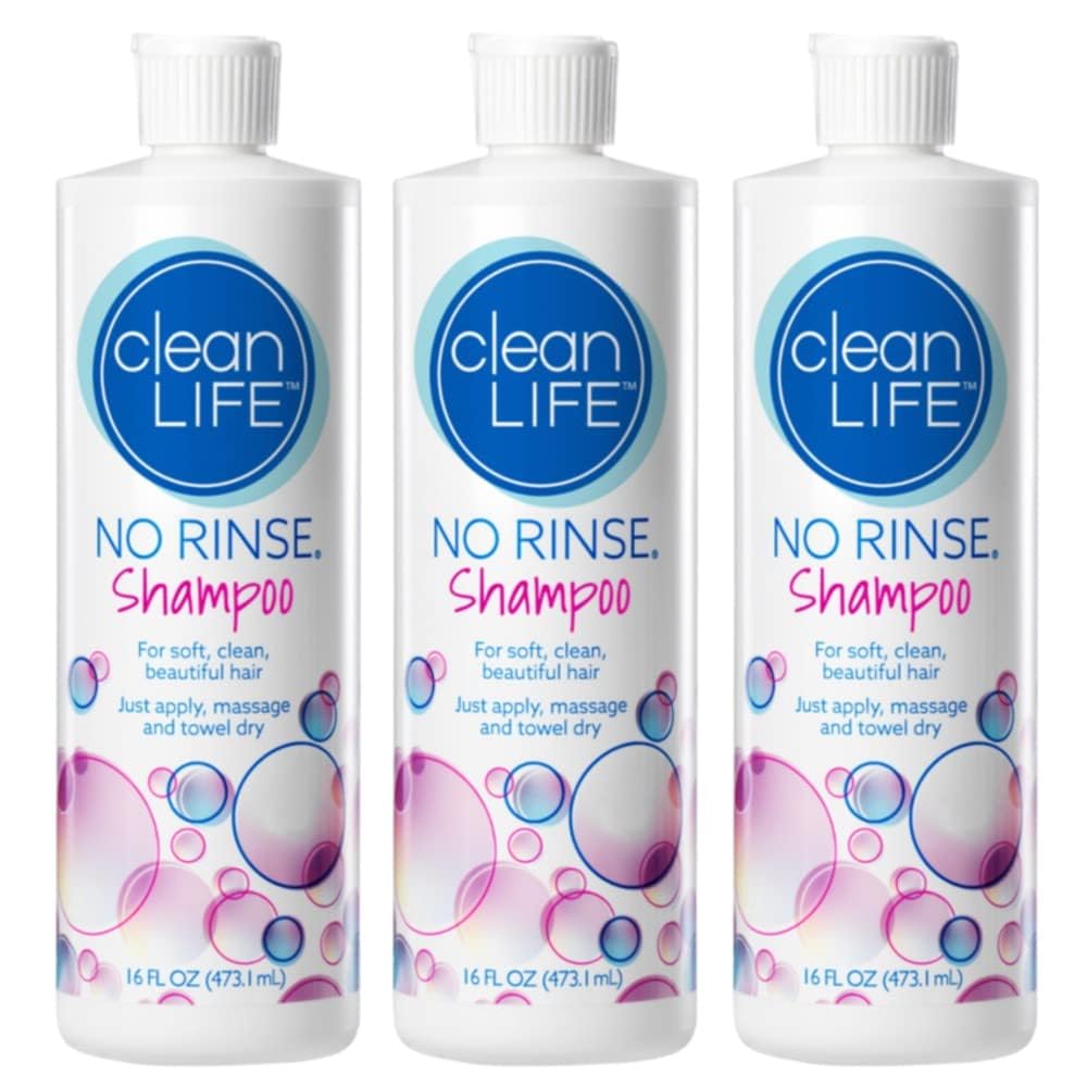 No-Rinse shampoo bottle pour demonstrates quick, rinse-free freshness.