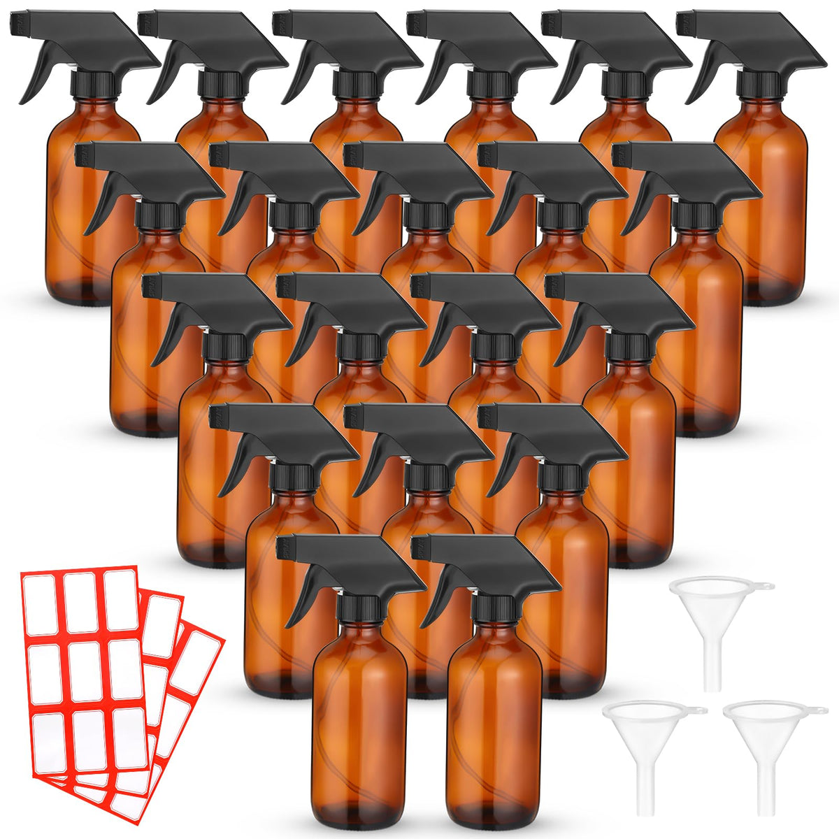 Norme 24-pack brown glass spray bottles close-up with leak-proof caps for DIY cleaning