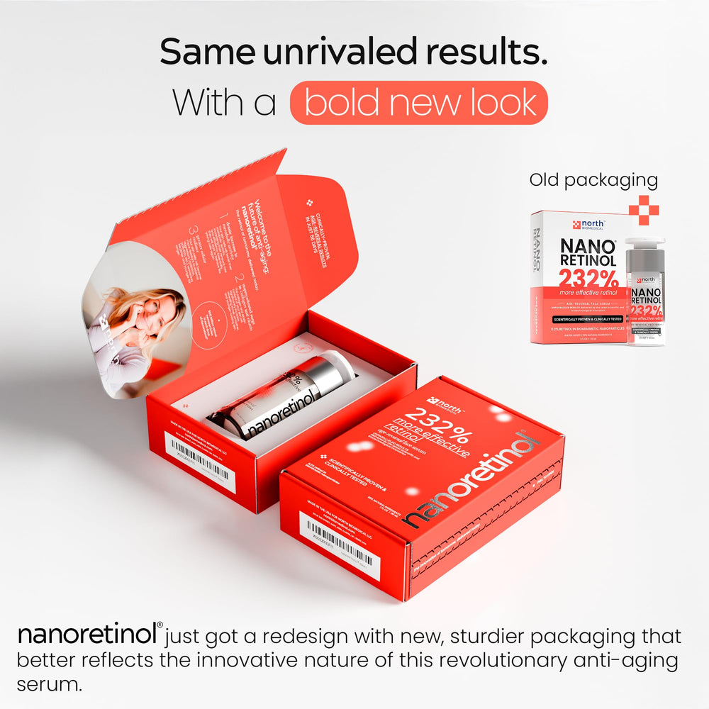 North Biomedical Nanoretinol dark-spots close-up hints at evening-out complexion.