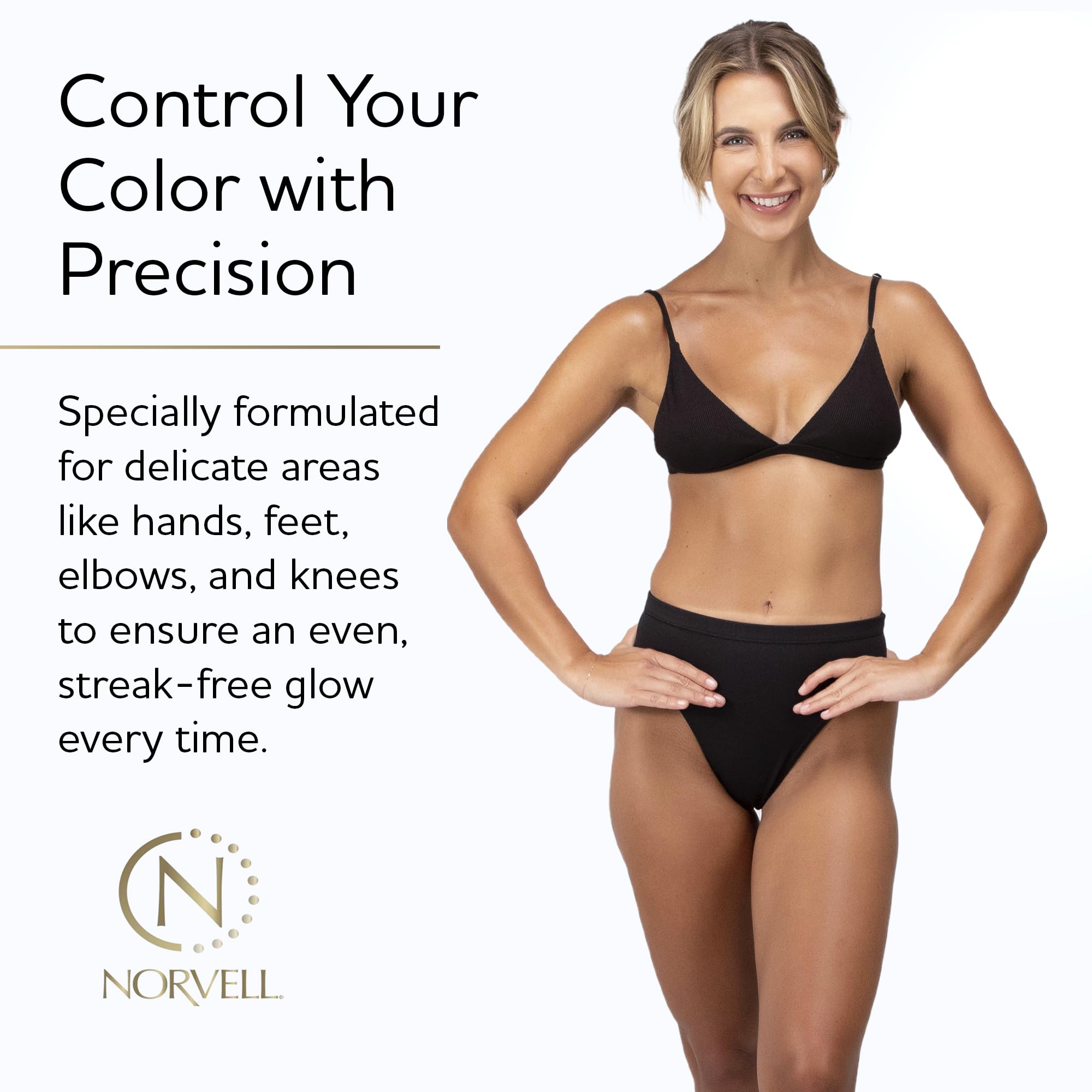 Spray-tan session shows Norvell barrier cream enabling smoother color transition.