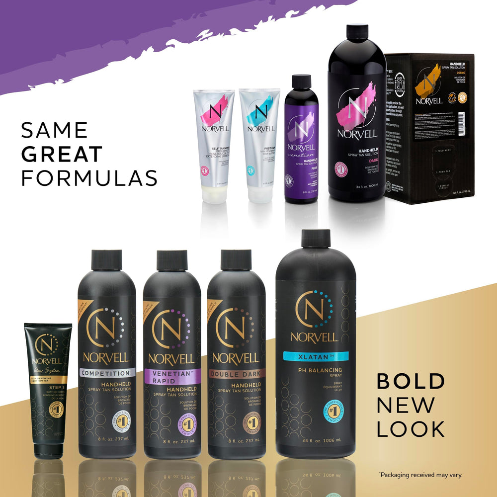 Norvell body wash with vanilla fragrance evokes mood lift during self-tan routine.