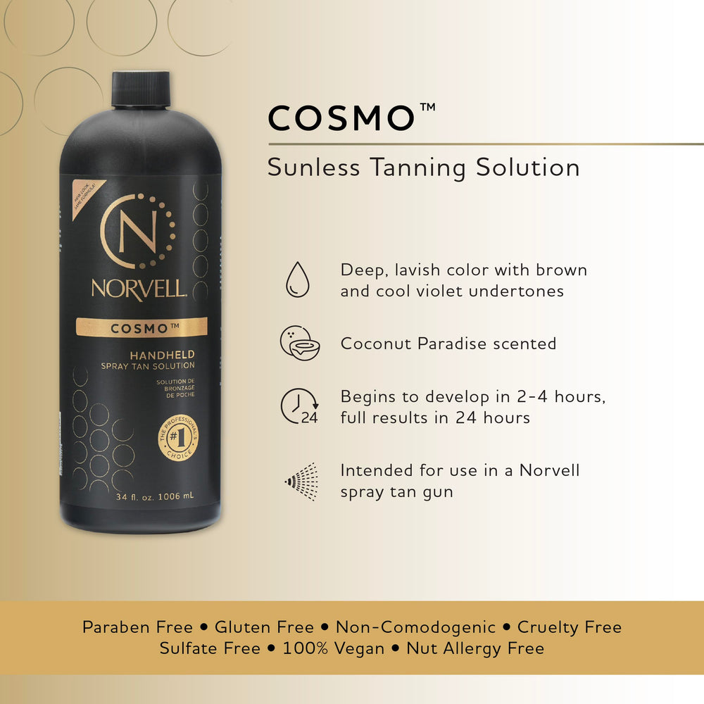 Norvell Cosmo spray-tan gun for even, controlled application.
