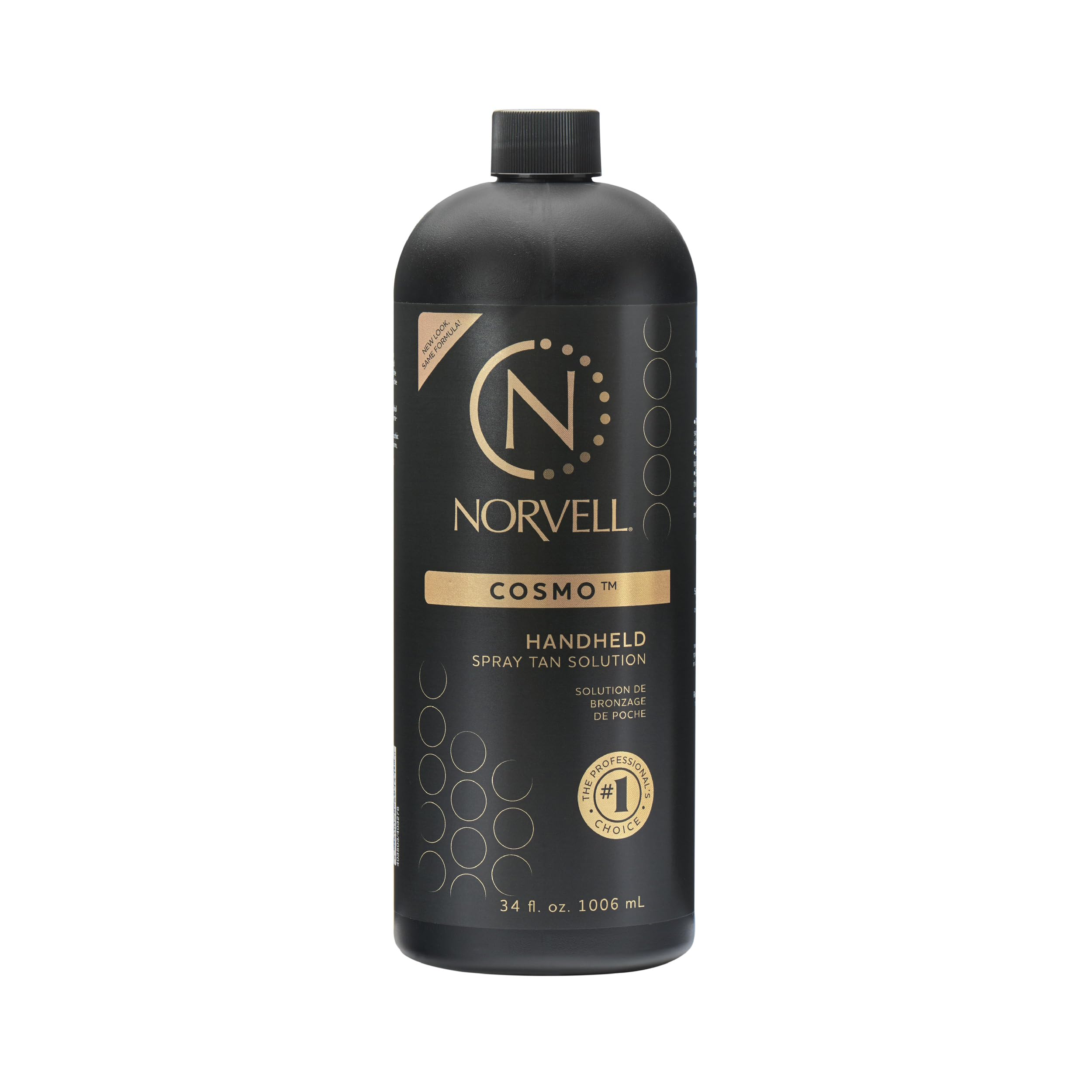 Norvell Cosmo spray tan bottle delivering a natural bronze glow.