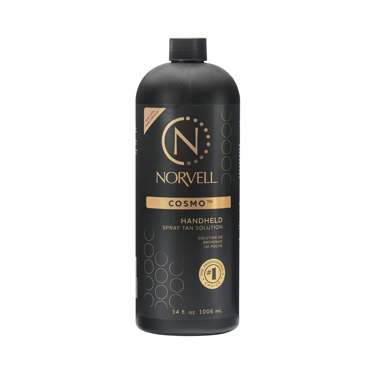 Norvell Cosmo spray tan bottle delivering a natural bronze glow.
