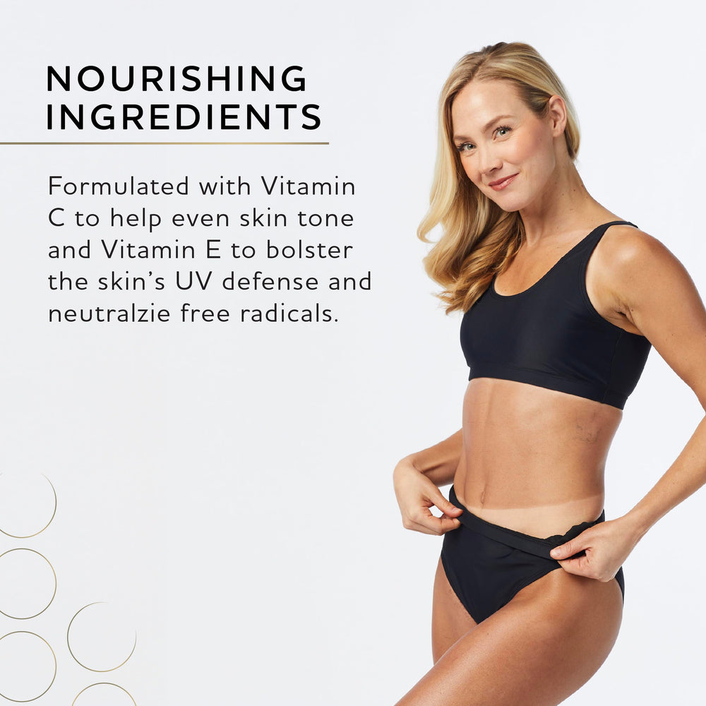 Norvell body wash on moisturized skin suggests a soft post-tan finish.
