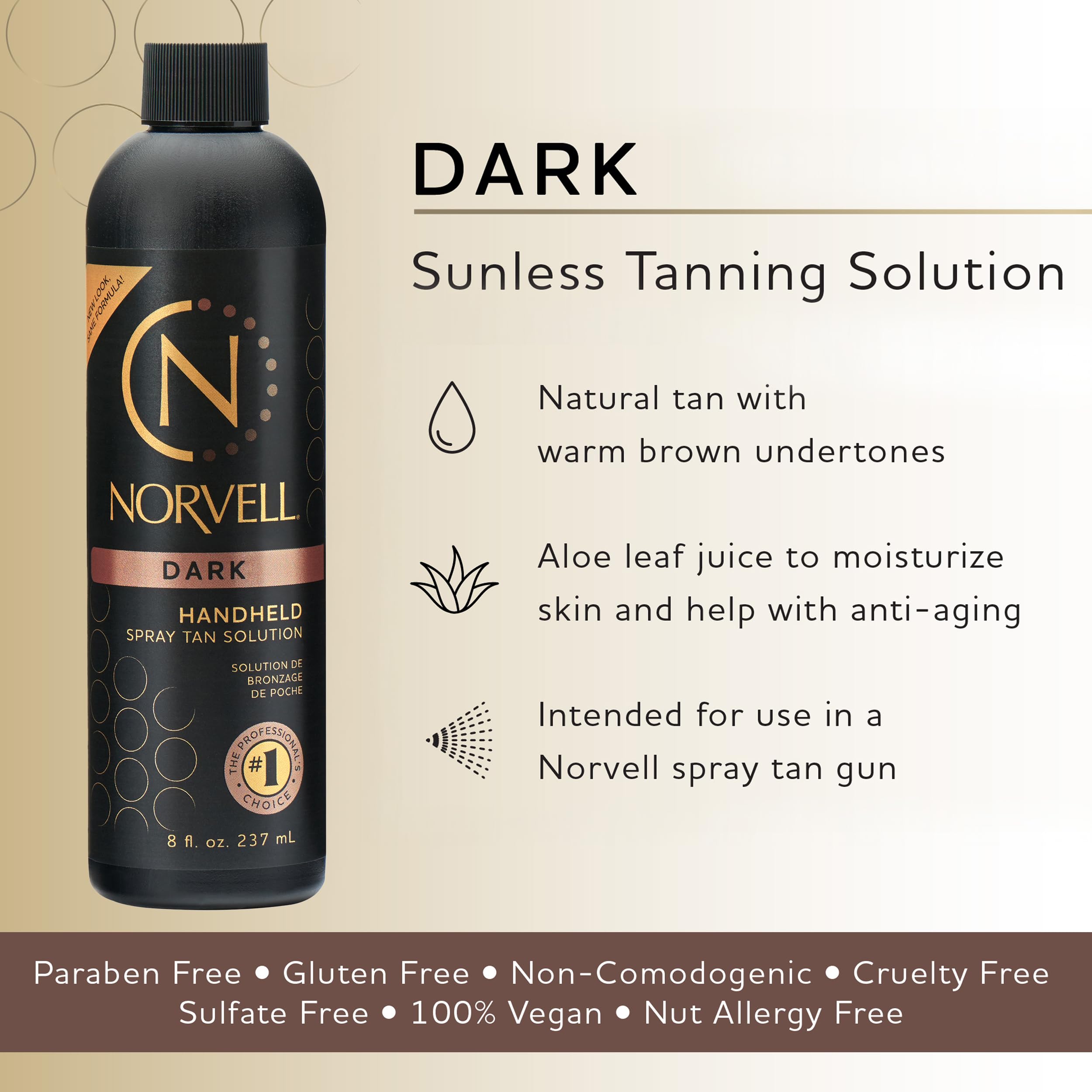 Norvell Premium Spray Tan Solution Dark 8oz bottle closeup shows DHA blend for even color