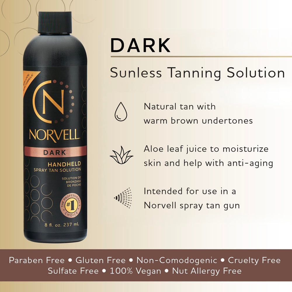 Norvell Premium Spray Tan Solution Dark 8oz bottle closeup shows DHA blend for even color