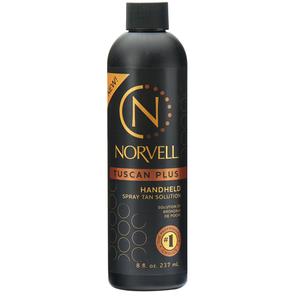 Norvell Tuscan Plus bottle front shows premium sunless tanning formula for natural color