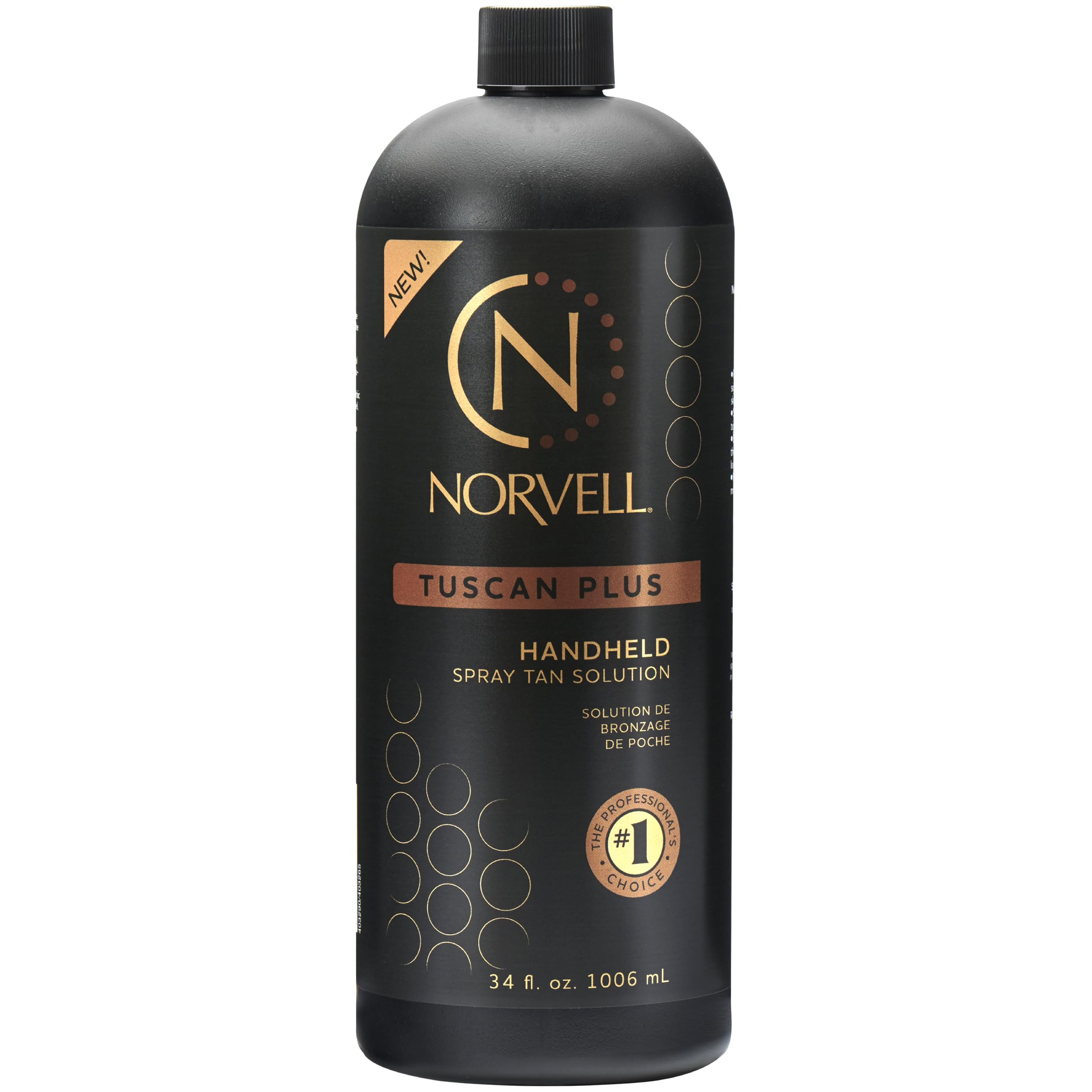 Norvell Tuscan Plus spray tan bottle shows caramel-brown color for a natural studio glow.