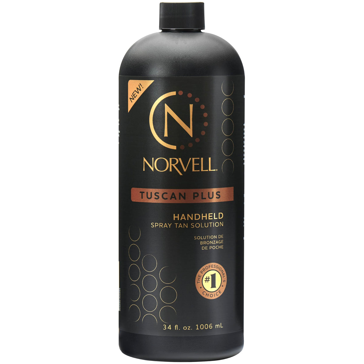 Norvell Tuscan Plus spray tan bottle shows caramel-brown color for a natural studio glow.