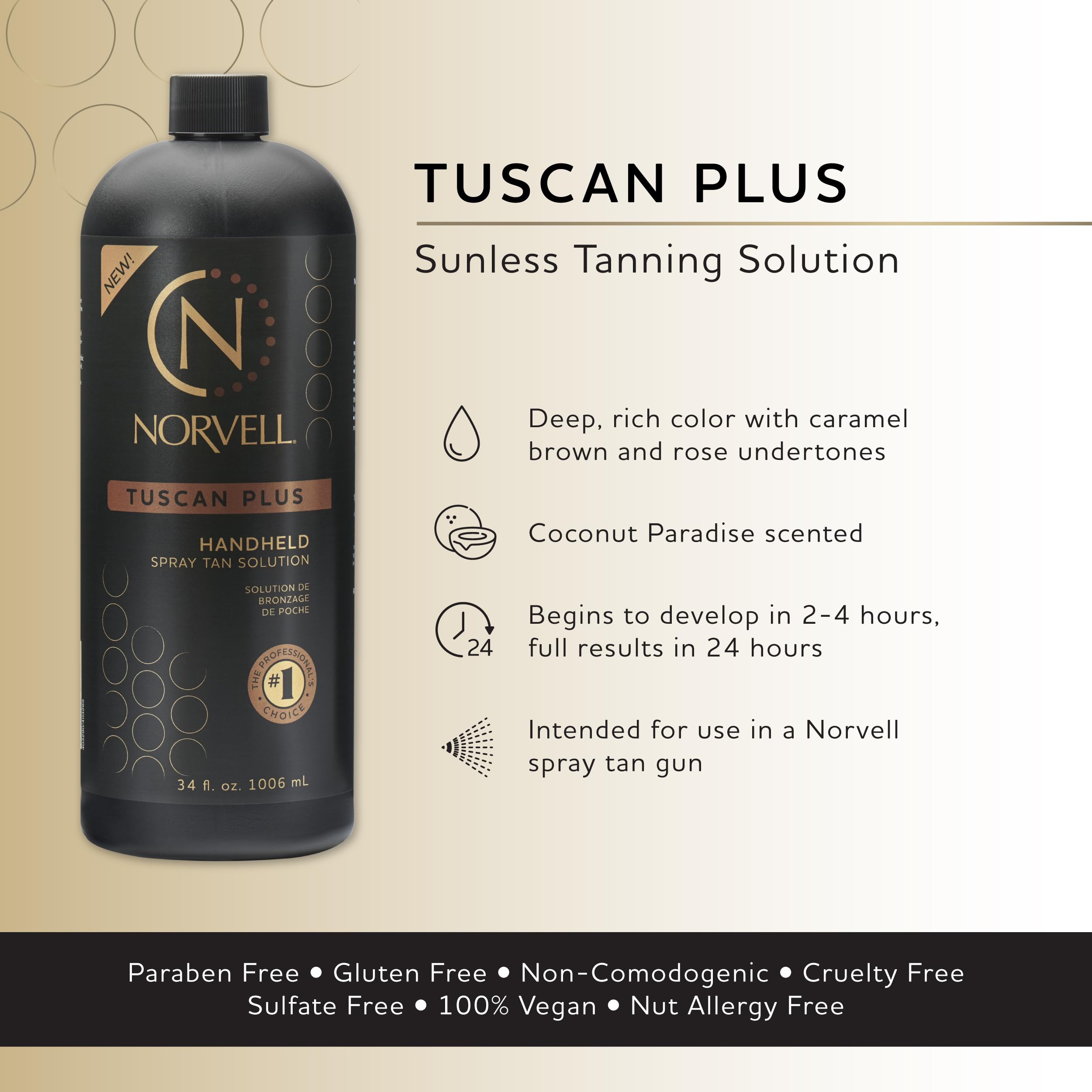Norvell Tuscan Plus color swatches illustrate deep caramel tones with rose undertones across skin tones.