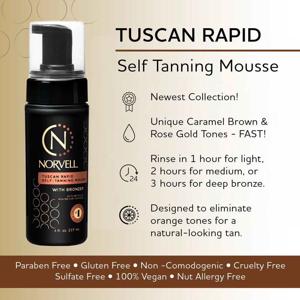 Norvell Tuscan Rapid Self-Tanning Mousse foam closeup showing velvety texture for smooth application.