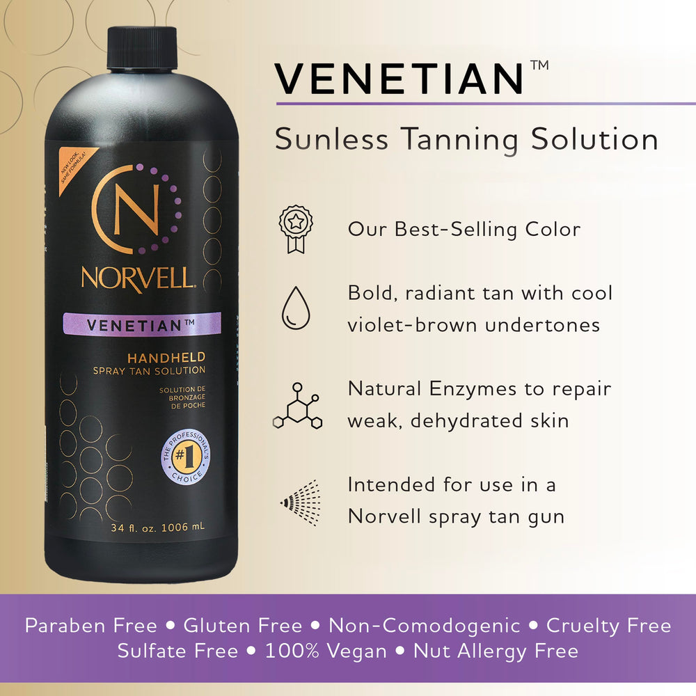 Norvell Venetian application setup with spray tan gun ready for professional use.
