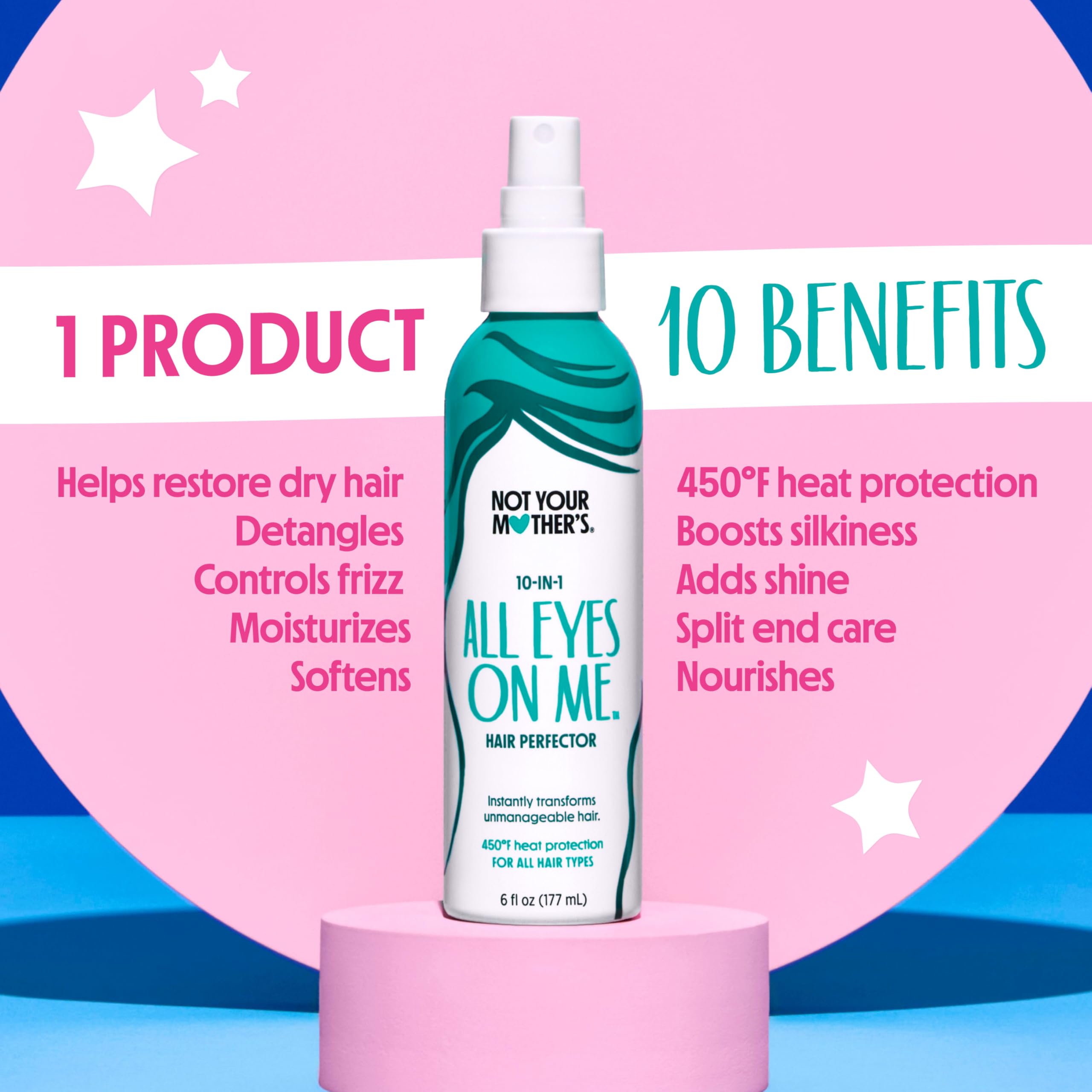 Not Your Mother's All Eyes On Me heat protectant spray protects up to 450°F.
