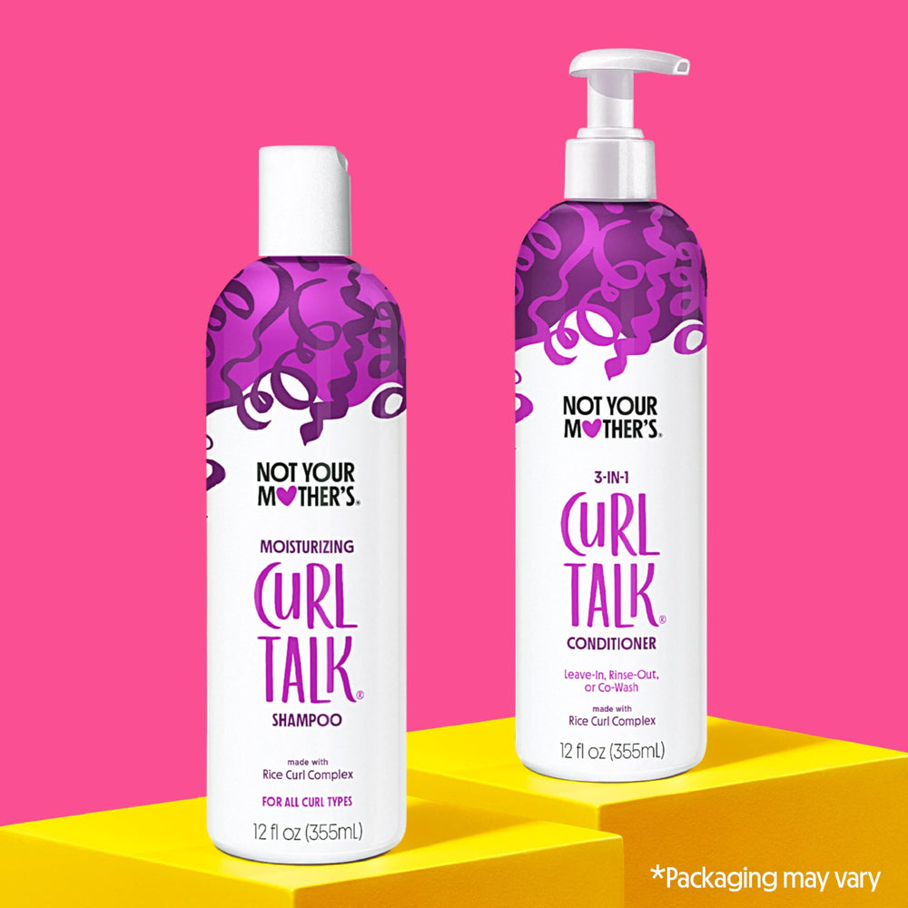 Not Your Mother's Curl Talk conditioner bottle close-up, conditioning for smoother curls.