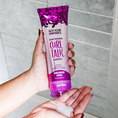 Not Your Mother's Curl Talk dual-action curl power complex graphic explains bond repair benefits.