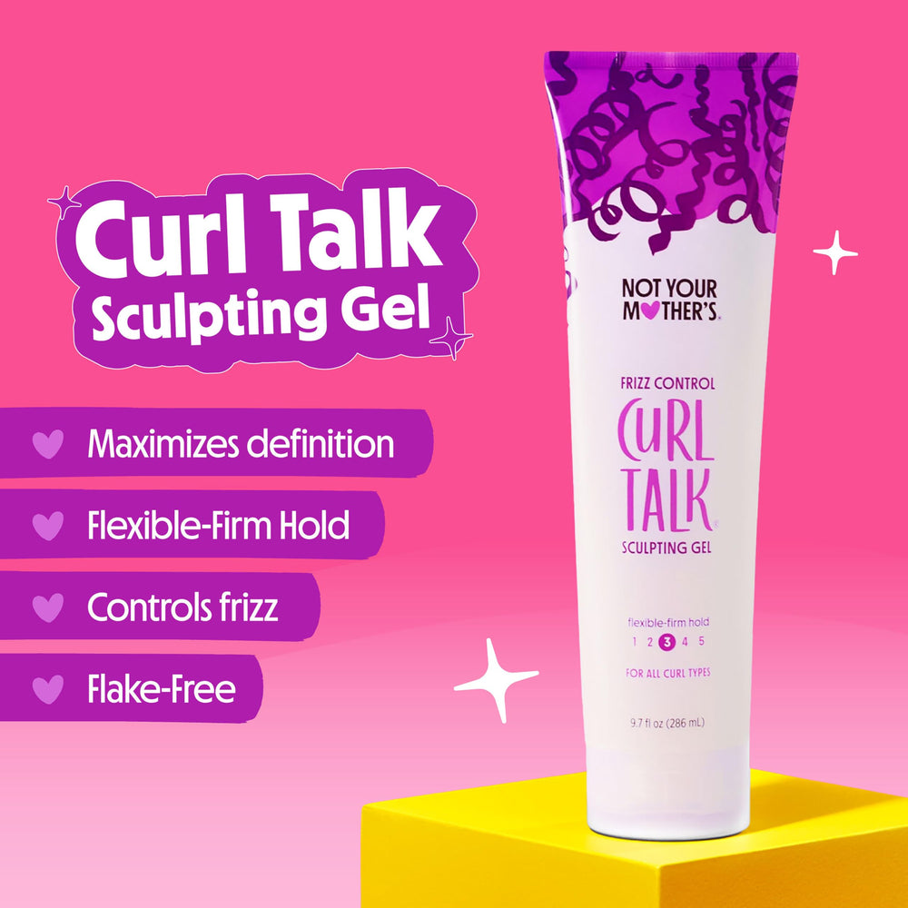 Not Your Mother's Curl Talk Frizz-Control Gel in hands with defined curls.