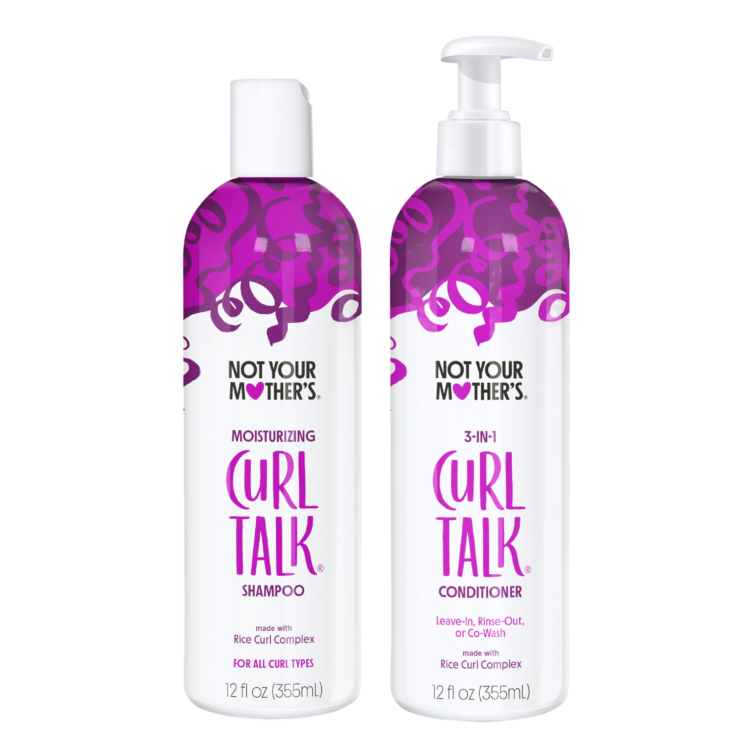 Not Your Mother's Curl Talk shampoo bottle close-up, gentle cleansing for curly hair.