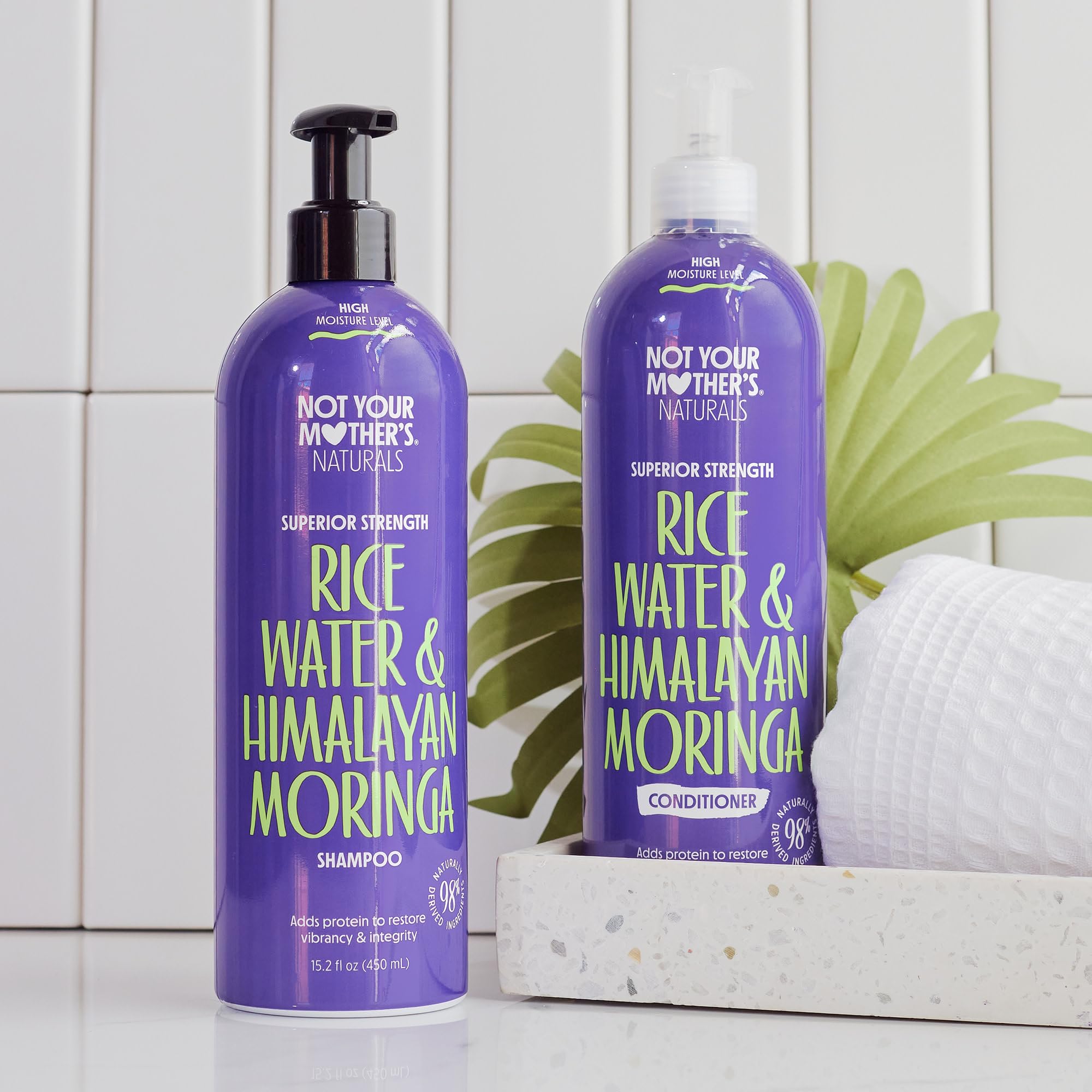 Not Your Mother's Naturals 98% naturally derived claim highlighted with ingredients list.